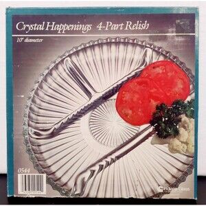 Vintage Crystal Happenings 4-Part Relish 10" Round Dish Indiana Glass NEW
